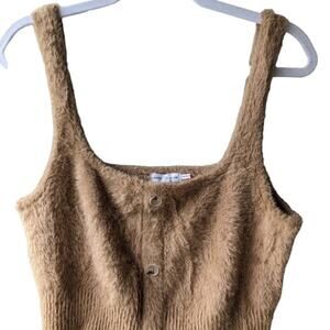 NWT Good American Fuzzy Henley Crop Tank Top in Warm Caramel, Size 3 (Large)